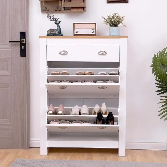Kosy Koala Otis Modern White Shoe Cabinet with Tilting Compartments and Open Shelf