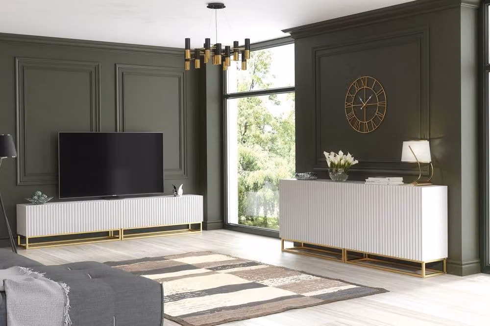 Creative Furniture Ripple Duo Sideboard in White and Gold with Modern Fluted Design and Push to Open Doors W: 200 cm, D: 35 cm, H: 80 cm – 7
