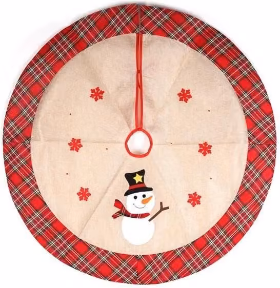 Shatchi Christmas Tree Skirt with Snowflake Printed Pattern in Brown Burlap Hessian Linen, 4-Piece Set