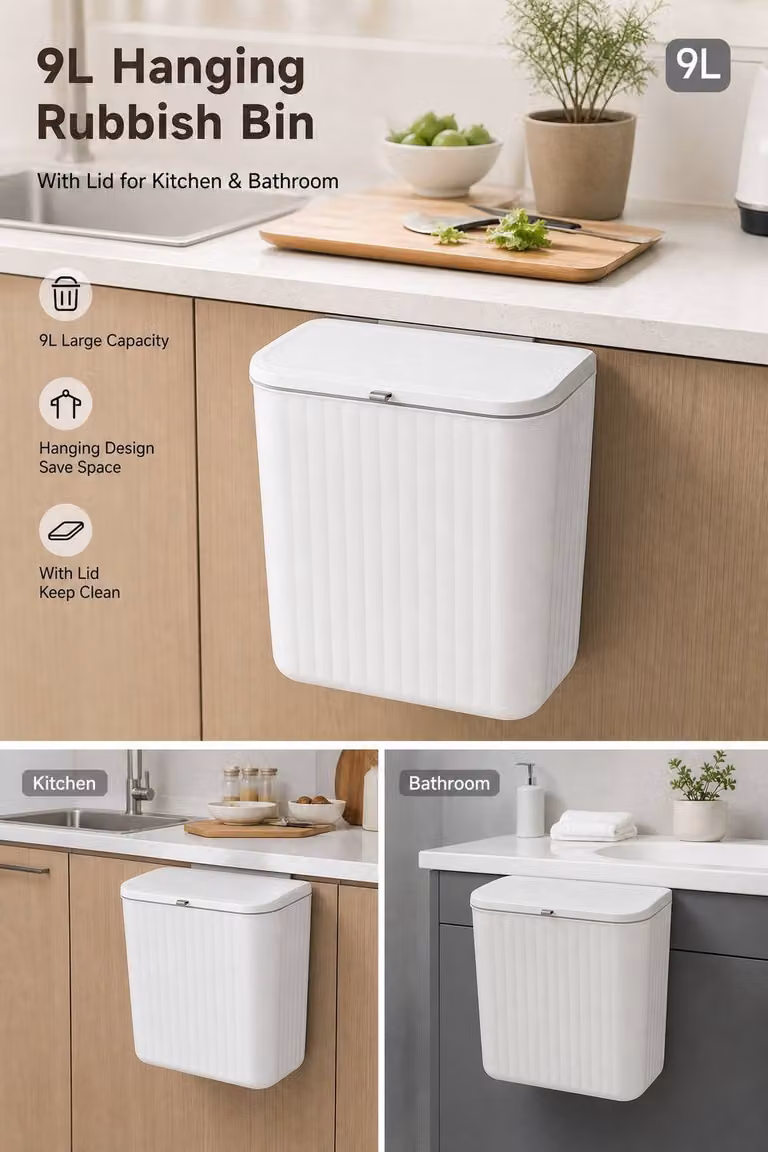 Garden Sanctuary 9L Wall Mounted Hanging Rubbish Bin with Flip Lid in White
