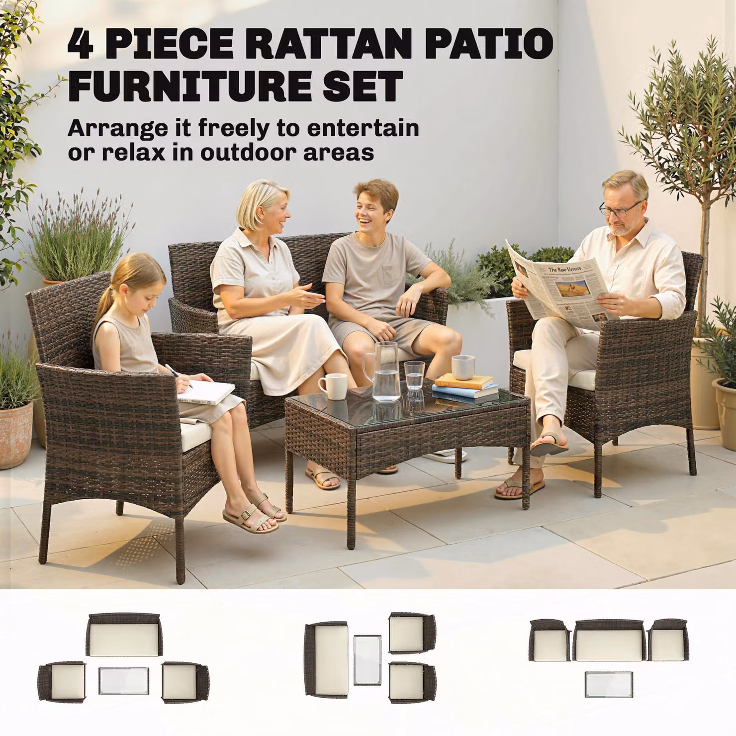 Outsunny 4 Piece Rattan Garden Furniture Set in Brown with 2 Seater Sofa, Armchairs, Glass Top Coffee Table and Upholstered Cushions – 4