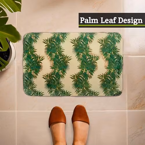 Orsina Green and White Floral Palm Leaf Bath Mat, Non-Slip Rectangular Polyester Doormat, W/D/H: 80.0 x 50.0 x 1.0 cm – 4