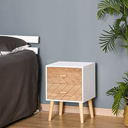 HOMCOM Scandinavian Style 2 Drawer Bedside Table with Pine Legs in Natural and White, W/D/H: 40 x 30 x 55.5 cm – 2