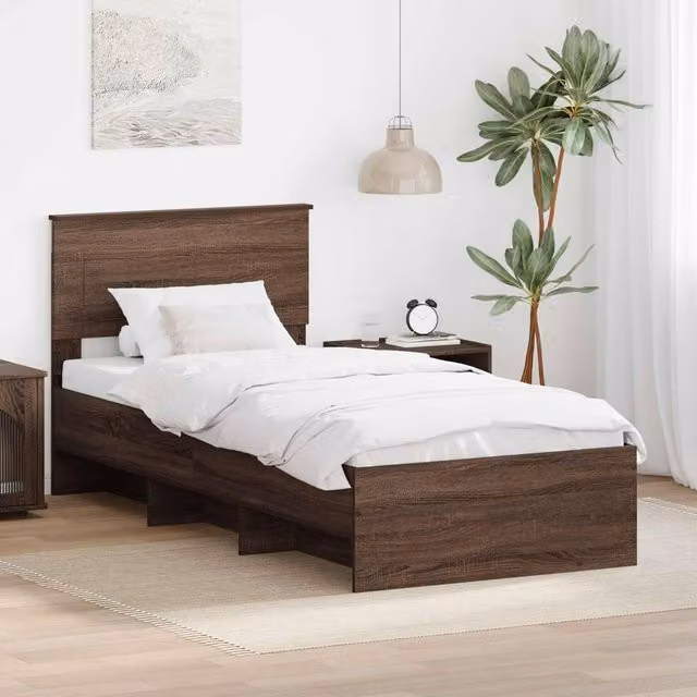 Berkfield Home Modern Bed Frame with Headboard in Brown Oak, W: 80 cm, L: 200 cm, Engineered Wood – 1