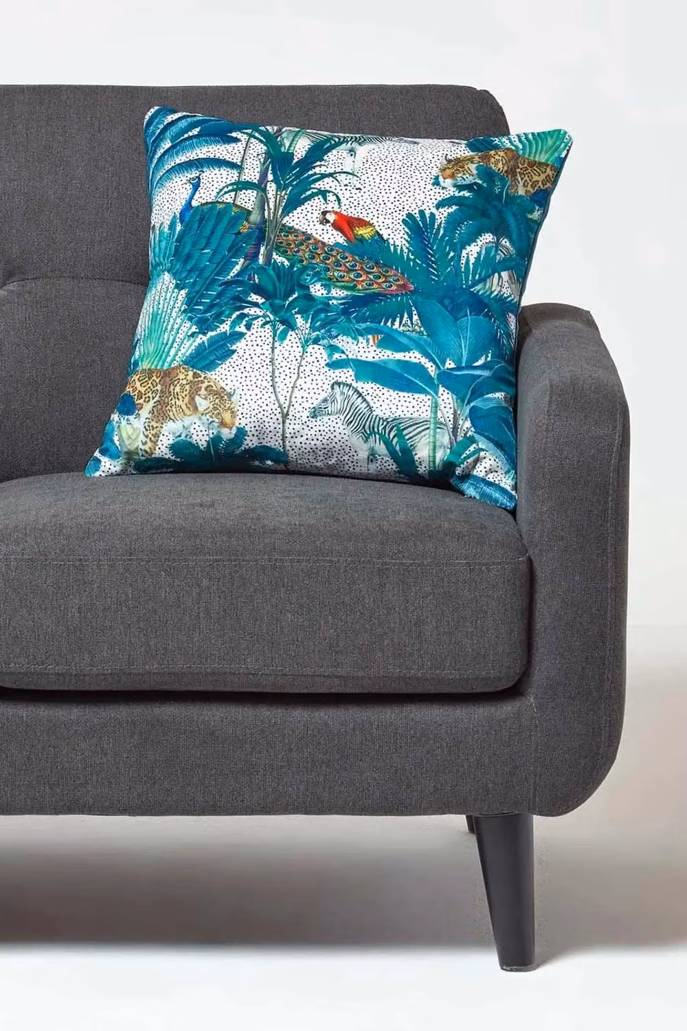 Homescapes Teal Blue Reversible Velvet Tropical Jungle Cushion with Parrot and Leopard Design, W/D/H: 46 x 46 x 46 cm – 2