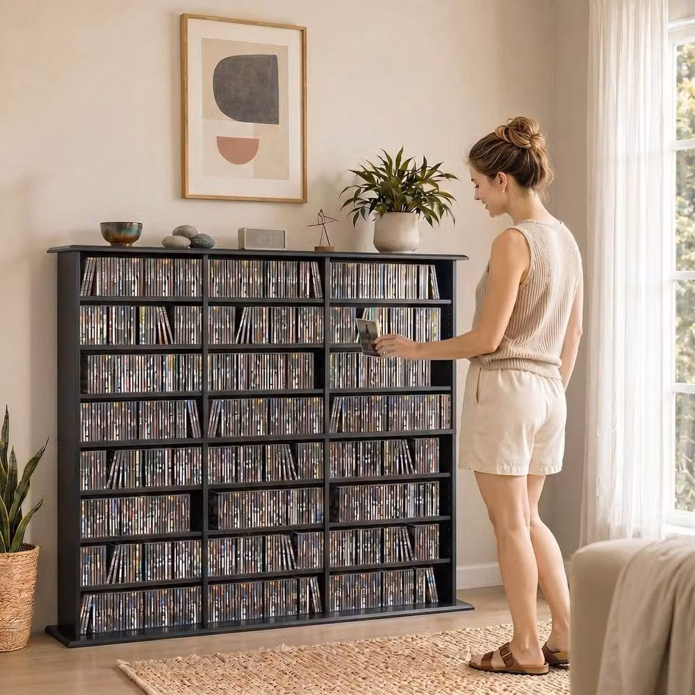 NESTLUNE Black Media Storage Unit with 24 Compartments, W: 100 cm, D: 15 cm, H: 15 cm – 6