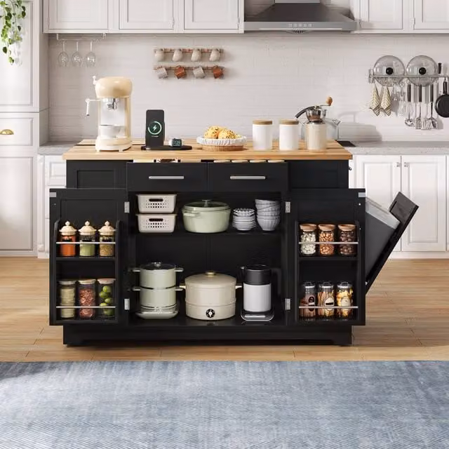 Merax Mobile Kitchen Island Trolley with Pull-Out Bin Cabinet and Drop-Leaf Top in Black