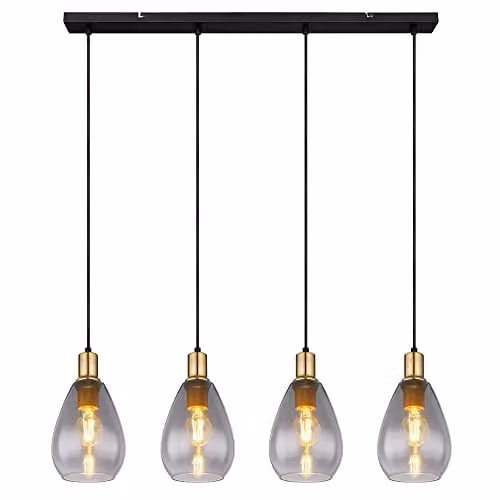 Globo Lighting Smoky Grey Glass Pendant Light with Black and Brass Metal Finish, 4 x E27 Sockets, H x W x D: 120 x 90 x 15 cm – 1