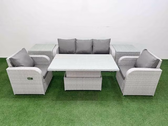 Fimous PE Rattan Garden Furniture Set in Light Grey with Reclining Chairs, 3-Seater Sofa, Adjustable Table and 2 Side Tables