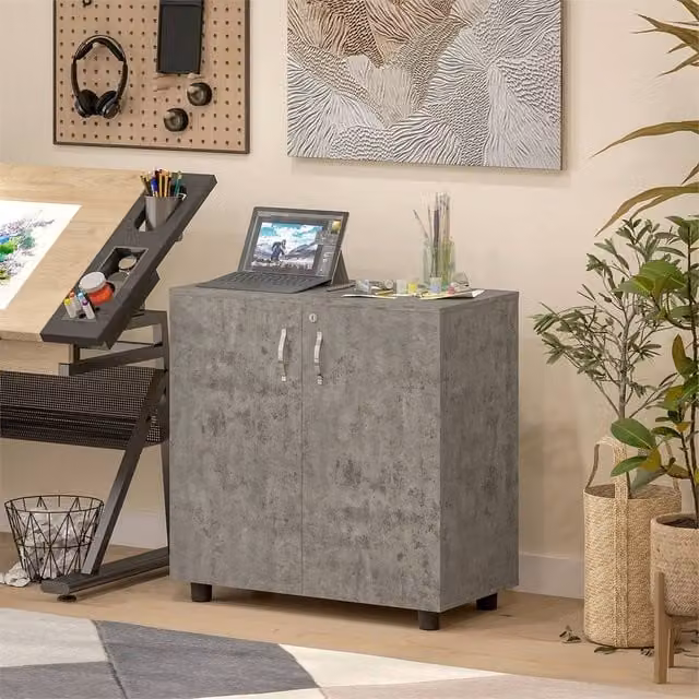 Kelvenix 2-Tier Locking Filing Cabinet in Grey with Hinged Doors and Internal Shelves