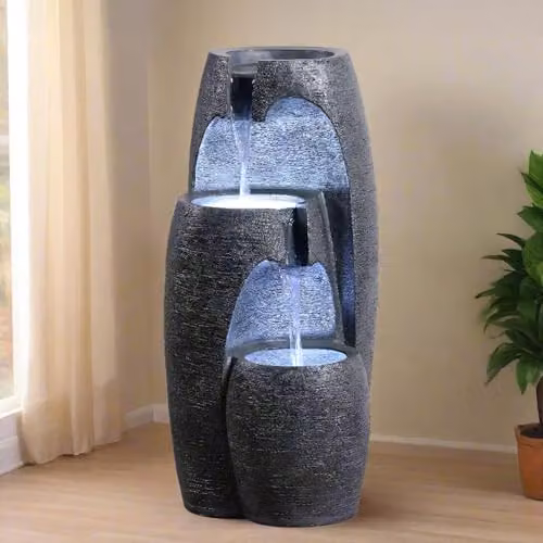 Teamson Home Modern 3-Tier Cascading Urn Outdoor Water Feature with LED Lights, Black – 4