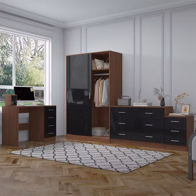 REFLECT Bedroom Furniture Bundle with Sliding Wardrobe, Wide Chest, Bedside Table and Desk in Black Gloss and Matt Walnut