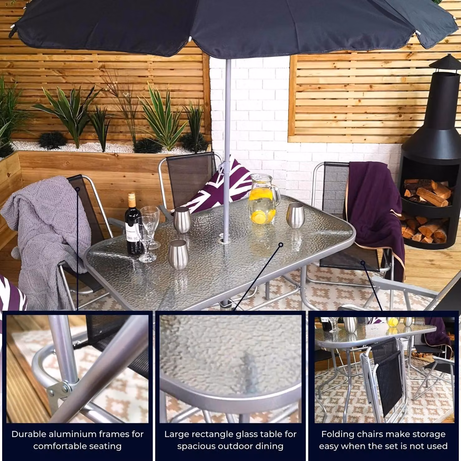 Samuel Alexander 8 Person Garden Furniture Set with Table, Chairs and Parasol in Black and Grey – 5