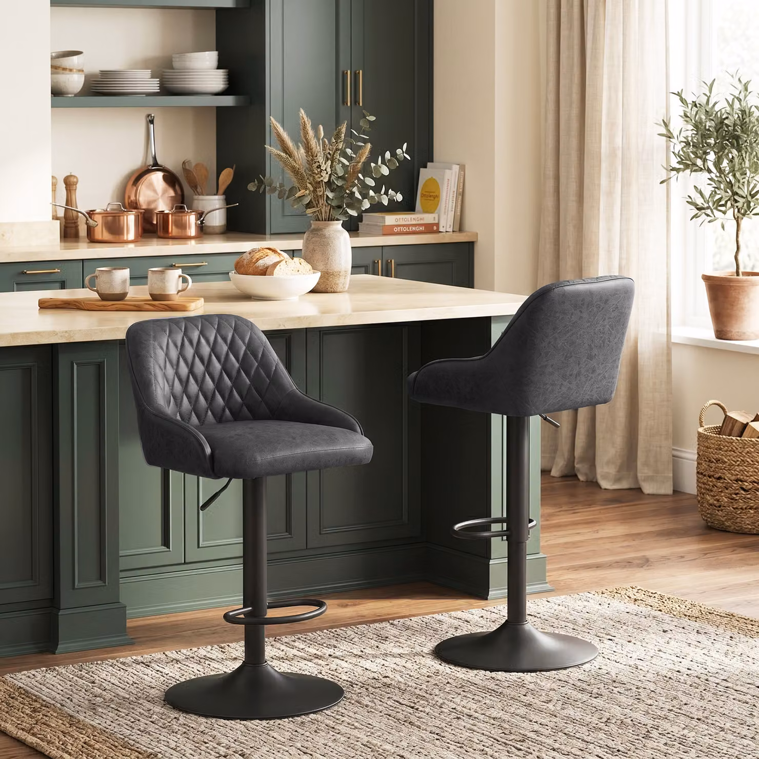 HOMCOM Set of 2 Black Adjustable Swivel Bar Stools with Backrest and Synthetic Leather Upholstery – 7