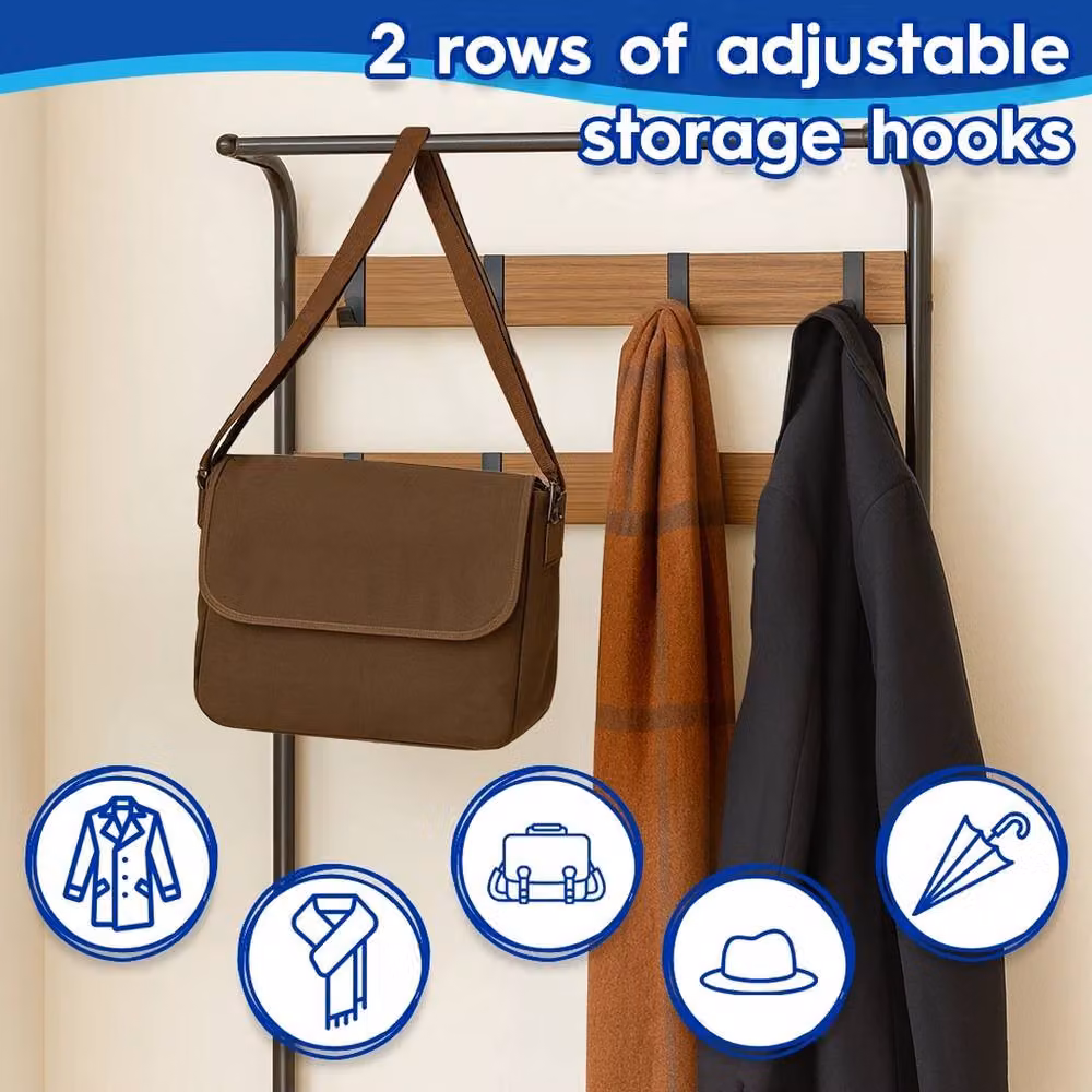 NESTLUNE Brown Steel Industrial Coat Rack and Hat Stand with 9 Hooks and Shoe Storage – 2