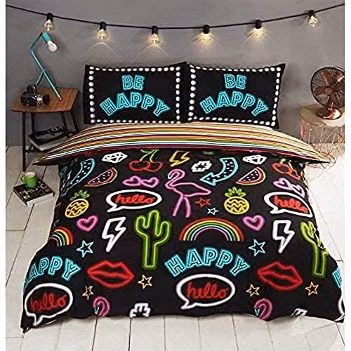 Rapport Home Be Happy Reversible Polycotton Duvet Cover and Pillowcase Set in Black, W/D/H: 200 x 200 cm and 50 x 75 cm – 1