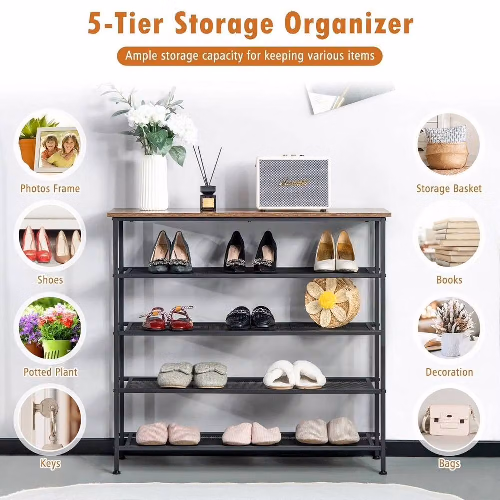 Kelvenix 5-Tier Industrial Brown Wood and Metal Freestanding Entryway Shoe Rack – 5
