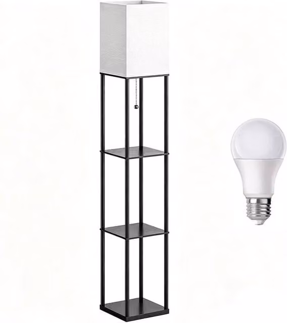FORGEVIO Modern Black Wooden Floor Lamp with Shelf Storage and LED Light – 1