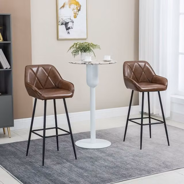 HOMCOM Set of 2 Retro Brown Synthetic Leather Breakfast Bar Stools with Armrests and Metal Frame