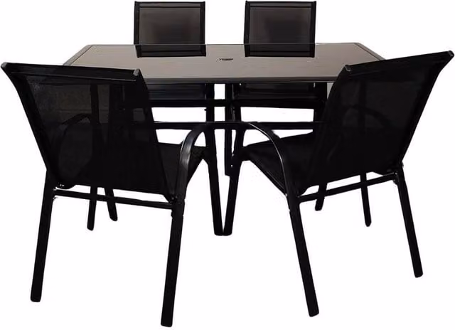FORGEVIO Modern Garden Dining Set with Rectangular Glass Table and Chairs in Matt Black Powder Coated Steel