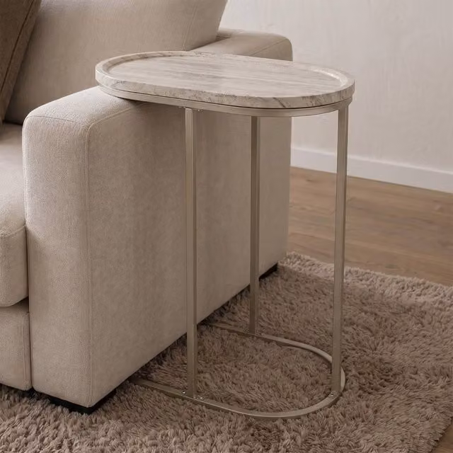 OHS Oval C-Shaped Wood Effect Coffee Table and Sofa Desk in Beige – 1