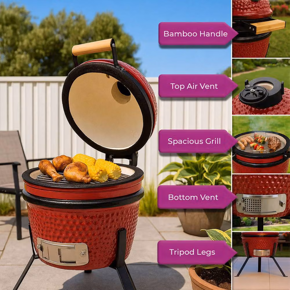 Neo Kamado 13 inch Ceramic Mini BBQ Grill and Portable Smoker Oven in Red with Cast Iron Details W/D/H: 33.0 x 33.0 x 33.0 cm – 2