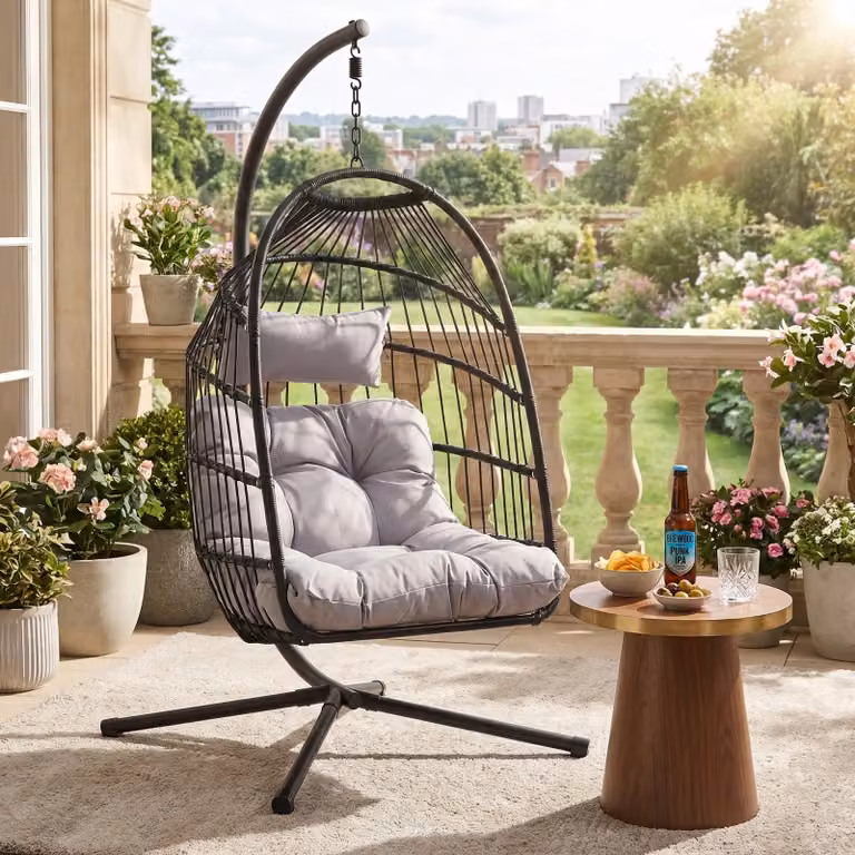 DHS Foldable Egg Hanging Chair with Stand in Black and Grey for Indoor and Outdoor Use