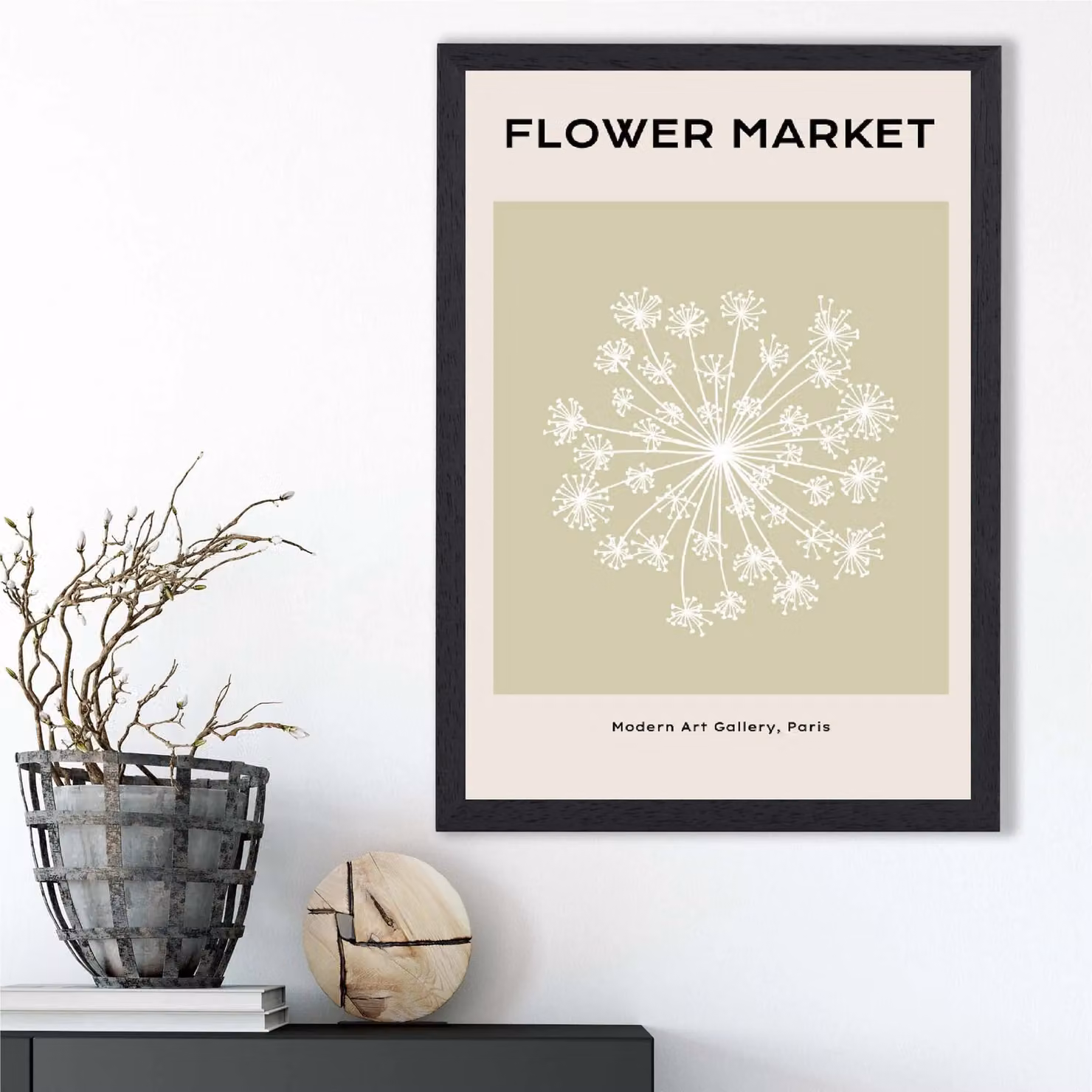 ARTZE Dandelion Flower Market Simplicity Framed Print, Green and Beige, Black Frame, A2 – 2