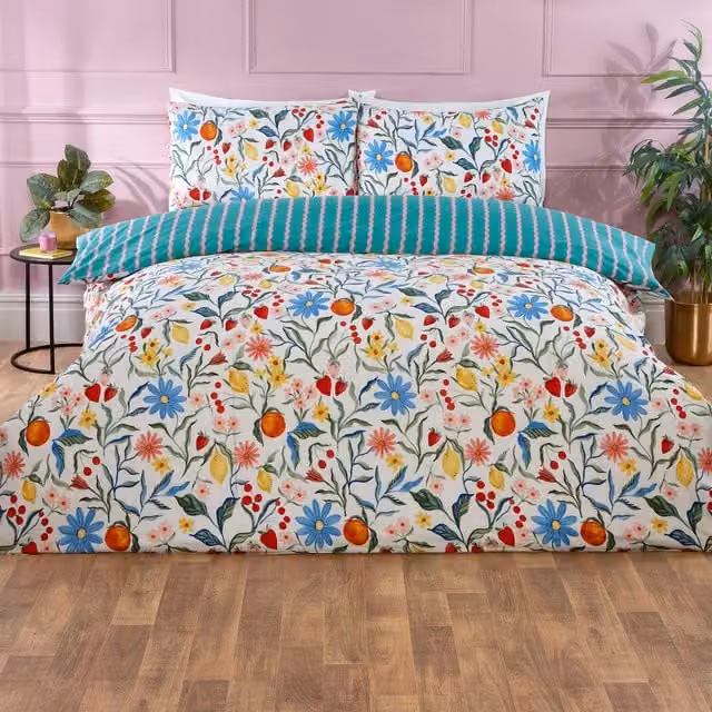 Divante Valencia Reversible Seersucker Floral Duvet Set, Multicolour, 200 x 200 cm