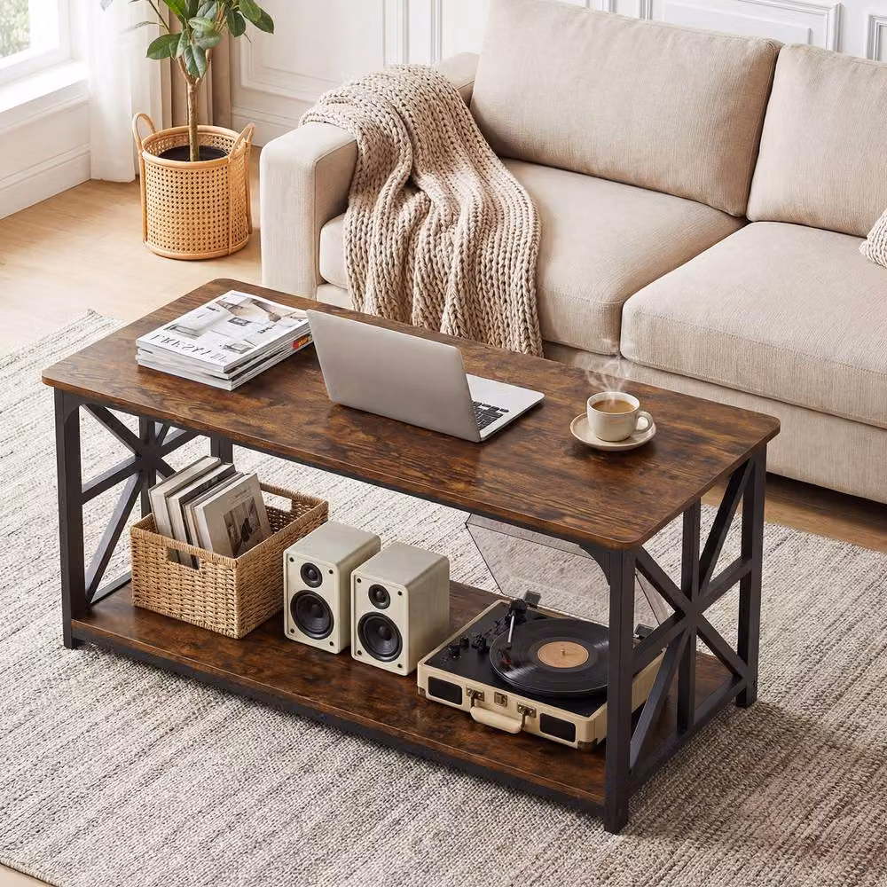Gymax Industrial Farmhouse Coffee Table with 2-Tier Open Storage Shelf, Brown – 7