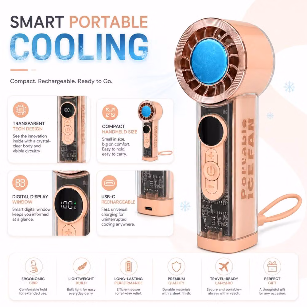 Dyzi Portable Ice Cooling Handheld Fan with 199 Speeds, USB Rechargeable, Pink – 4