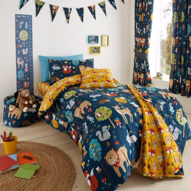 Happy Linen Company Kids Woodland Friends Animals Reversible Linen Duvet Cover Bedding Set in Blue, W/H: 90 x 190 cm