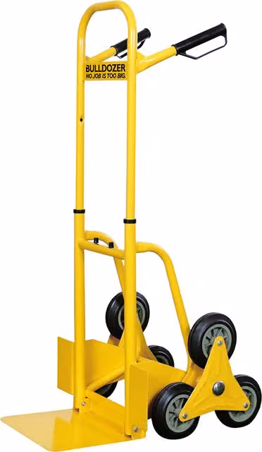 Bulldozer Steel Hand Truck with Tri-Star Wheels and Adjustable Footplate, Yellow and Black