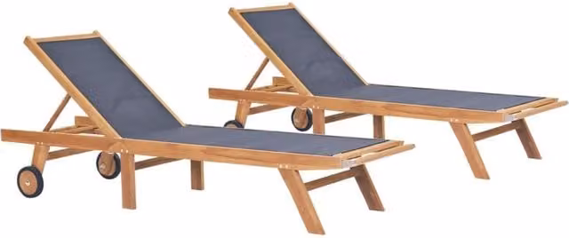 Berkfield Home Set of 2 Folding Sun Loungers in Brown Solid Teak and Textilene with Wheels and Adjustable Headrests – 1