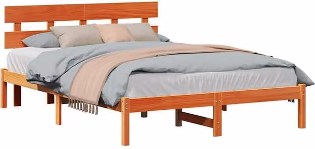 Berkfield Home Solid Wood Pine Bed Frame with Headboard in Wax Brown, W/D/H: 150 x 200 x 80.5 cm