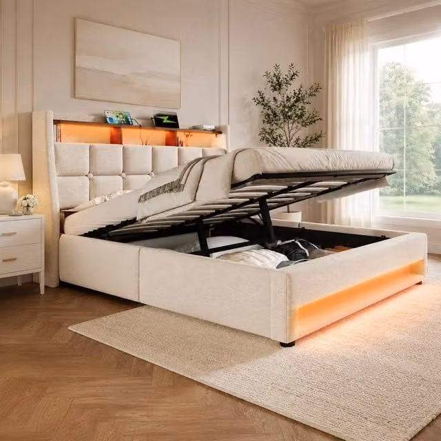 STILVORA Super King Bed Frame with LED, USB Charging Ports and Storage Headboard in Beige, W/D/H: 180 x 200 x 117 cm – 1