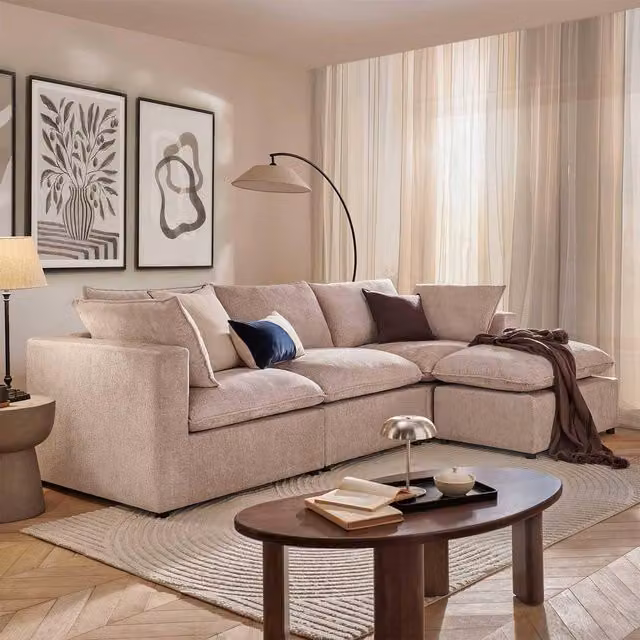 Furnishings For Less UK Symphony Chenille Fabric Modular L-Shaped Corner Chaise Sofa in Beige