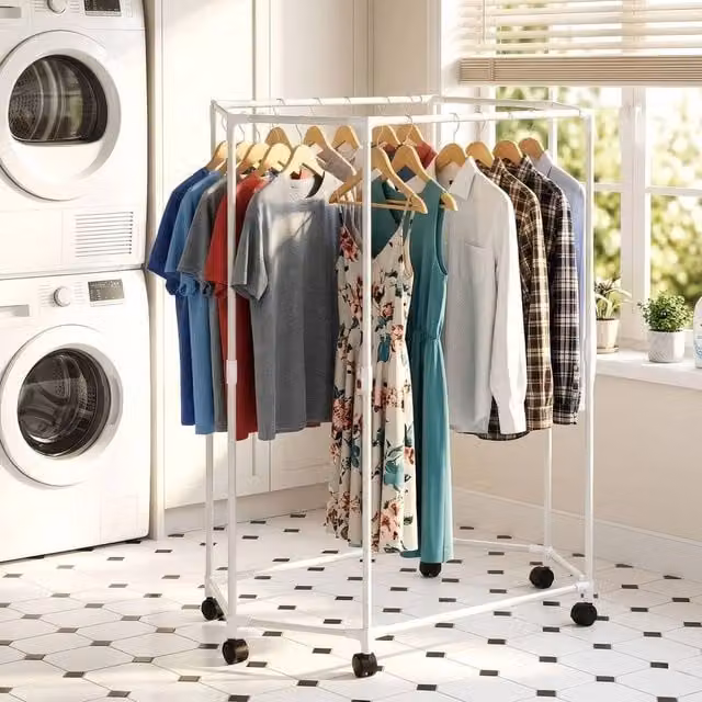 VOGREX Double Layer Hexagonal Rotating Clothes Rack with Wheels in Matt White – 1