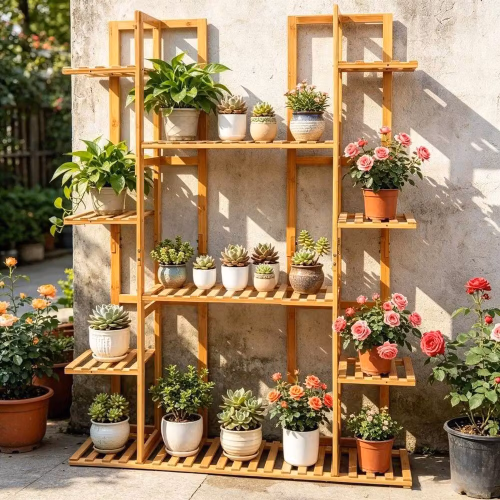 EONLION 9-Tier Bamboo Plant Stand and Utility Display Shelf, Brown, W/D/H: 89.0 x 19.5 x 123.0 cm – 3