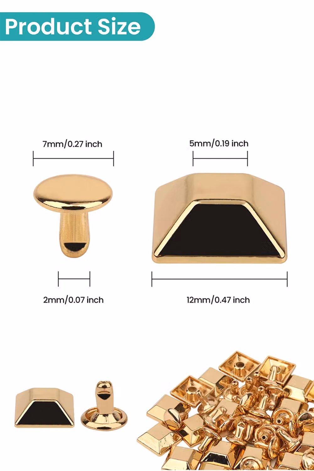 Neel Blue Gold Pyramid Feet Caps with 7mm Back Rivets, 25 Pieces, 12mm – 2
