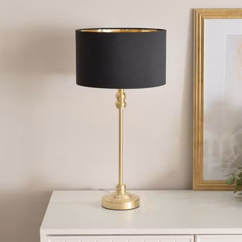 ValueLights Maggie Gold Metal Candlestick Table Lamp with Black and Gold Inner Shade and Warm White Bulb – 2
