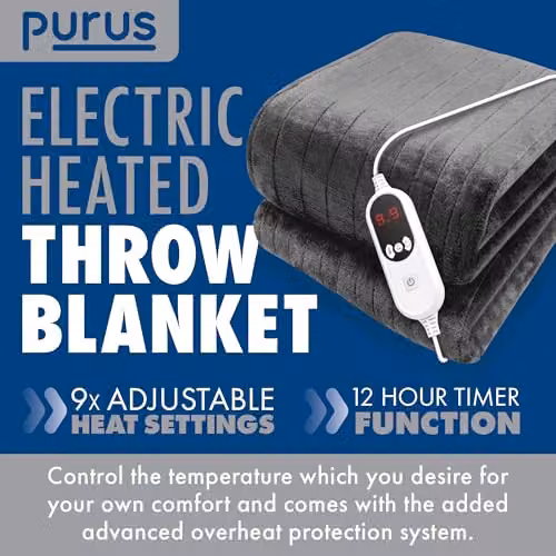 Purus Deluxe Grey XL Electric Heated Throw with Soft Fleece, Variable Heat and Timer Settings – 2