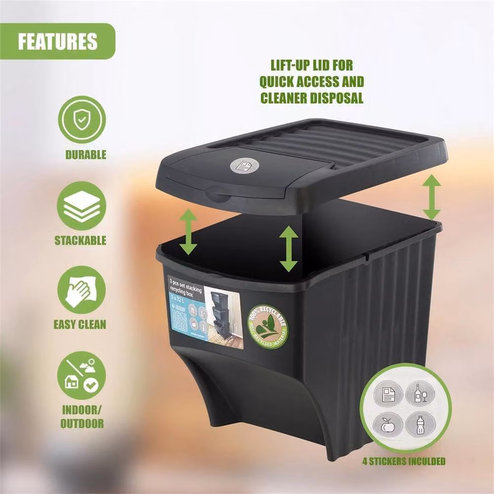 Nordara Set of 3 Large Stackable Plastic Recycling Bins with Flip Lids in Black – 5