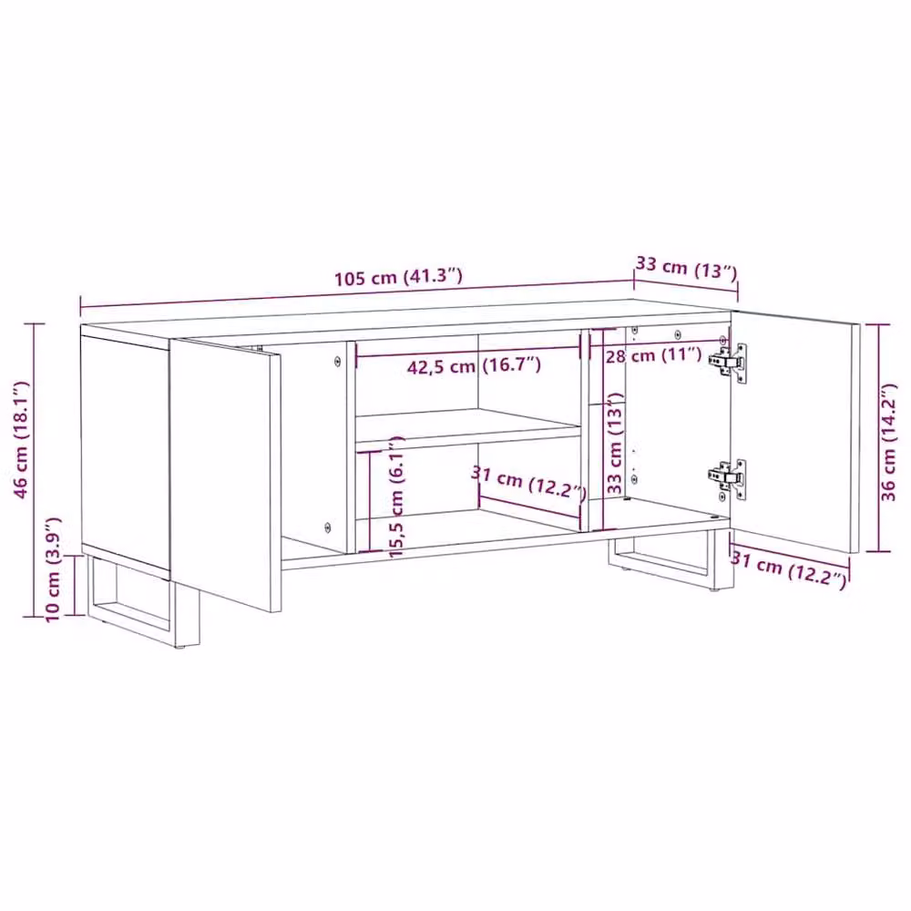 Berkfield Home Black Mango Wood TV Cabinet W: 105 cm, D: 33 cm, H: 46 cm – 5