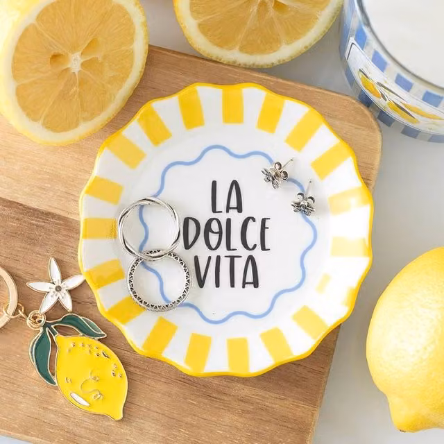 Uniqueful La Dolce Vita Yellow Striped Ceramic Trinket Dish, Diameter: 15 cm