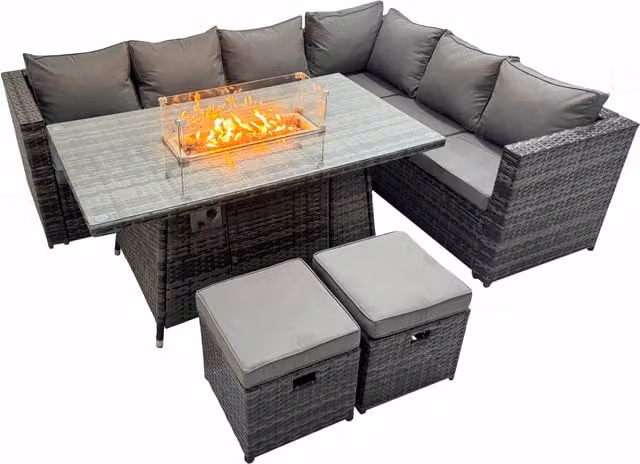 Fimous 8 Seater Outdoor Corner Sofa and Gas Firepit Dining Table Set in Dark Grey