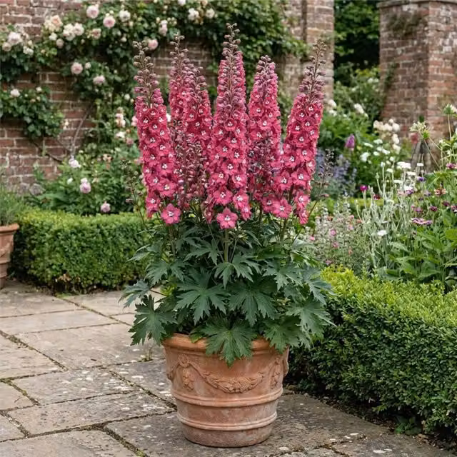Plants by Post Delphinium Magic Fountains Deep Rose Perennial Outdoor Plant, 2L Pot, Deep Rose-Pink with White Centre