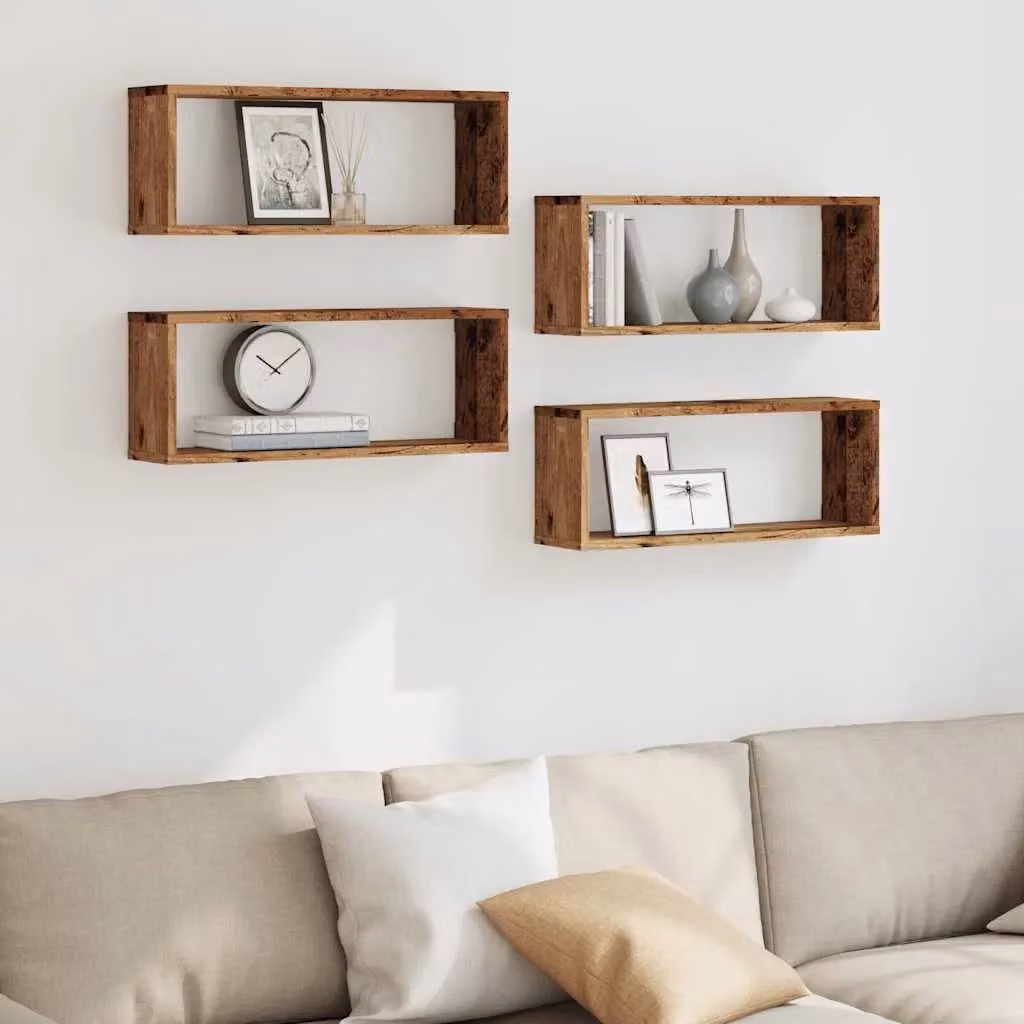 Berkfield Home Wall Mounted Cube Shelves, 4 Piece Set in Old Wood Brown, W: 60 cm, D: 15 cm, H: 23 cm – 3