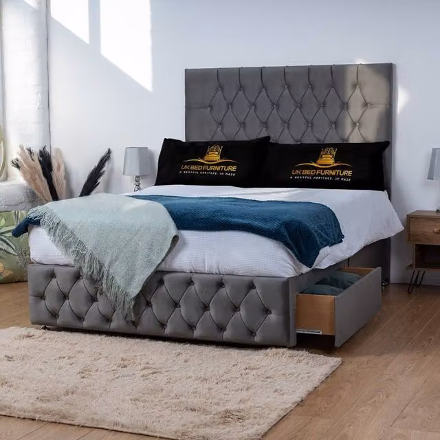UK Bed Furniture Monaco Divan Bed with 4 Drawers and 26 Inch Headboard in Charcoal Grey Velvet, Size: King, W/D/H: 180 x 200 x 66.04 cm