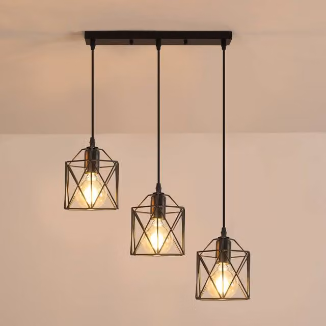 Pheashine Black 3-Light Industrial Metal Pendant Light with Rectangular Canopy and E27 Base – 1